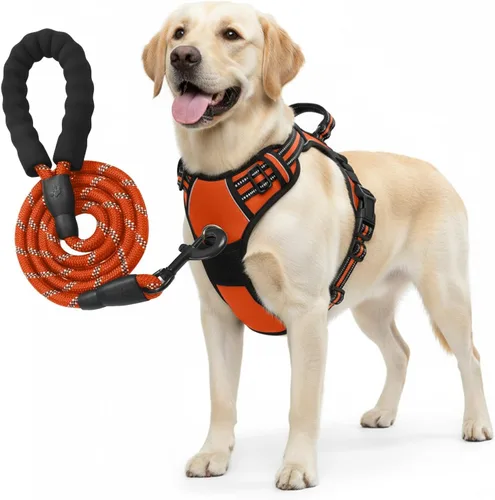 Vista 7 de Juego de arnés y correa para perro sin tirones para perros grandes, ajustable, reflectante, transpirable, suave, acolchado, de fácil control