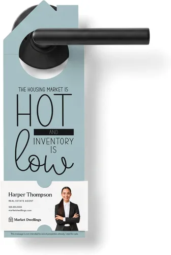Vista 10 de Real Estate Door Hangers for Agents, The Housing Market Is Hot and Inventory Is Low, 50 Pack with Business Card Slot, 100lb Cardstock, White, Market