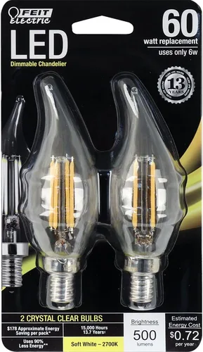 Vista 8 de Feit Electric BPCFF40/827/LED/2 Bombilla LED regulable, equivalente a 40 W, 120 voltios, 300 lúmenes, base de candelabro, 2700 K, CRI >80, blanco