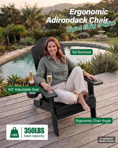 Vista 3 de MXIMU Silla Adirondack plegable para exteriores: sillas Adirondack fáciles de montar y cómodas, silla de plástico compuesto para todo tipo de clima