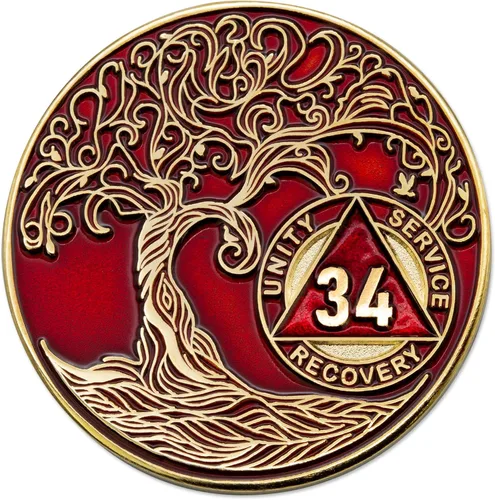 Vista 205 de 1 año Sobriety Mint Twisted Tree of Life Medallón de recuperación AA chapado en oro, chip/ficha - negro