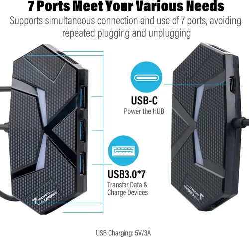 Vista 3 de Hub USB 7 puertos, múltiples concentradores USB 3.0 USB 3.0 con puertos de alimentación/datos y luces, extensor de adaptador multipuerto de 3.9 pies