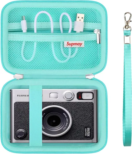 Vista 16 de Funda de transporte compatible con cámara instantánea Fujifilm Instax Mini EVO, bolsa de viaje con bolsillo de malla para fotos, cables USB Negro