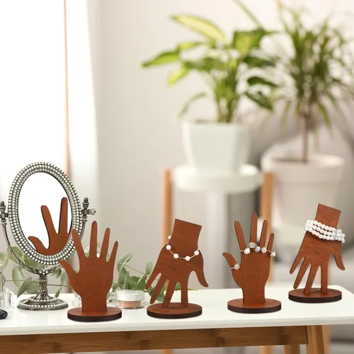 Vista 4 de Weysat 12 piezas de madera forma de mano pulsera joyería soporte soporte de exhibición estética joyería maniquí dedos joyería organizador, Marrón