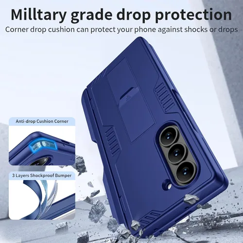 Vista 6 de Funda para Samsung Galaxy Z Fold 6 con soporte para S Pen y soporte, [protección de bisagra y protector de pantalla templado] Funda de carga Azul
