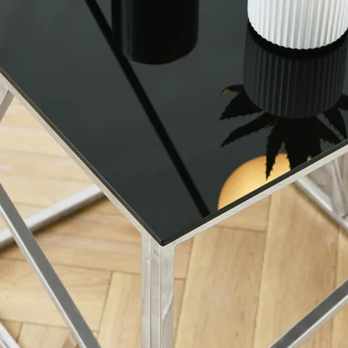 Vista 7 de Mesa de centro rectangular moderna de vidrio con parte superior de cristal templado negro y marco de acero inoxidable para sala de estar