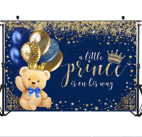Vista 3 de Mocsicka Telón de fondo de oso con corona real para niños, baby shower, globo azul marino de oso real, un principito está en su camino, fondo