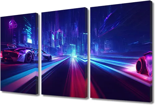 Vista 30 de Arte de pared de 3 piezas de escena de ciencia ficción de la calle comercial futurista paisaje urbano, decoración de pared para dormitorio