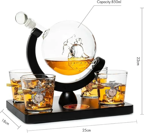 Vista 9 de U.S. Marine Globe - Juego de decantador de whisky con 4 vasos de licor, juego de regalo USMC con base de madera de caoba y emblema, regalos USMC