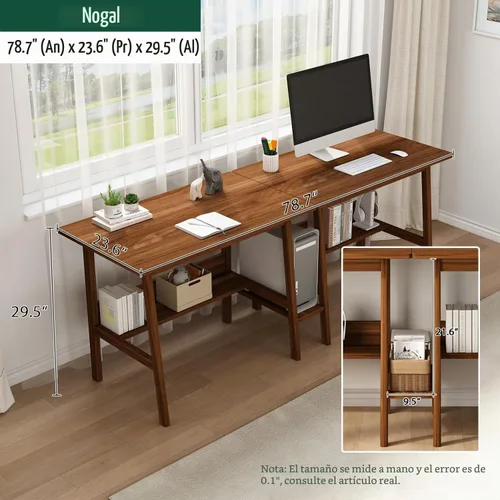 Vista 6 de NELYE Escritorio para 2 personas con estantería, mesa de trabajo de madera extra larga de 79 pulgadas, estación de trabajo para computadora de Nuez