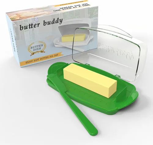Vista 8 de Mantequilleras con tapa para encimera y refrigerador, plato de mantequilla de plástico transparente con tapa abatible y esparcidor, recipiente