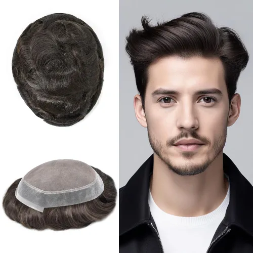 Vista 56 de Toupee para hombres Piezas de pelo fino mono para hombre Toupee sistema de reemplazo de pelo para hombres línea capilar natural para hombre postizo