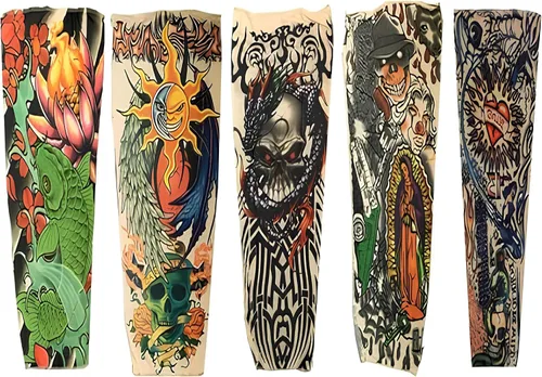 Vista 5 de Mangas temporales de tatuaje falso para hombres y mujeres con diseños de calavera, dragón, rosa, pez koi, lobo, buda, tribal, Brillante-5p