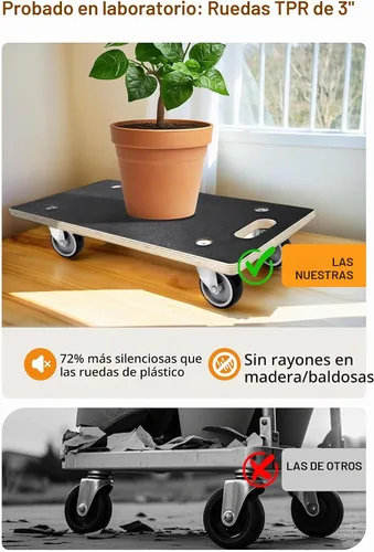 Vista 5 de Carretilla de mudanza resistente de 1100LB con forma de rectángulo - Paquete de 2 con ruedas silenciosas de 3" de TPR, plataforma de madera