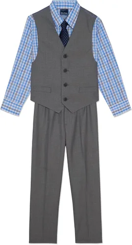 Vista 13 de Nautica Conjunto de traje formal de 4 piezas para niños con chaleco, pantalones, camisa de vestir con cuello y corbata Lino Azul