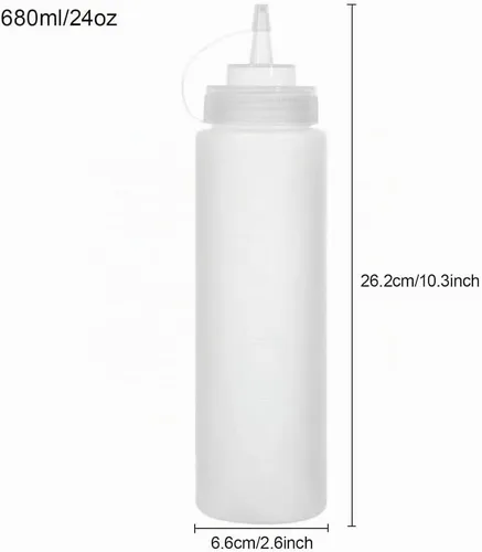 Vista 2 de Paquete de 3 botellas de condimento de plástico de 24 onzas con tapas de tapa, perfectas para condimentos, aceite, salsas, glaseado y líquidos