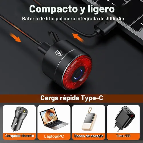 Vista 8 de Luz trasera inteligente para bicicleta, encendido/apagado automático, luz trasera con detección de freno, luz trasera de bicicleta recargable USB C
