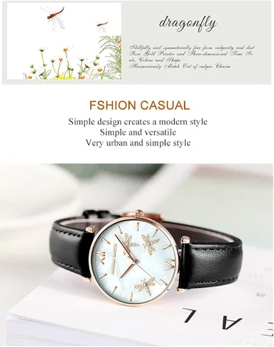 Vista 2 de TENNOVO Fashion Ladies Dragonfly Quartz Watch Luxury Dress Women's 2PCS Bracelet Watch Set Rose Flowers Giftable Packing Box for Women