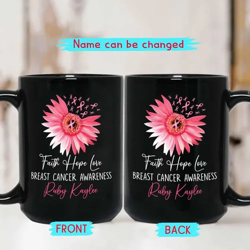 Vista 2 de Taza de café negra personalizada para el cáncer de mama, taza de viaje de concientización sobre el cáncer de mama, taza de café de cerámica