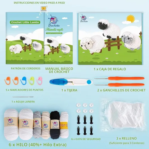 Vista 2 de Kit de ganchillo para principiantes, kit de inicio de ganchillo con tutoriales en video paso a paso, suministros de tejido de ganchillo Amigurumi 3