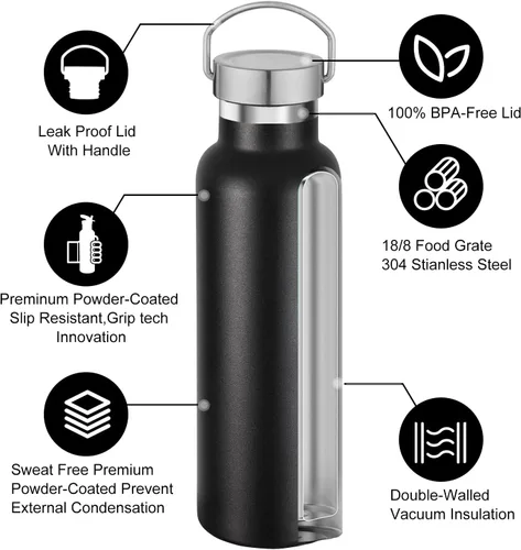 Vista 3 de Neihepal Botellas de agua de acero inoxidable negras, botella de viaje de doble pared con aislamiento al vacío de 20 onzas con tapa a prueba