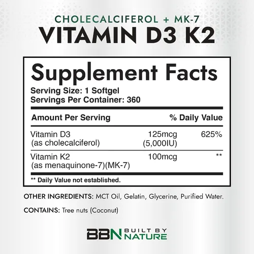 Vista 4 de Built by Nature Vitamina D3 K2, 5000 UI + 100 mcg MK-7, 360 cápsulas blandas extra fuerte, alta absorción, apoyo óseo, corazón e inmunológico