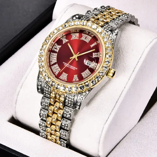 Vista 2 de Relojes de hip hop para hombre, relojes de cuarzo de lujo con diamantes brillantes con fecha