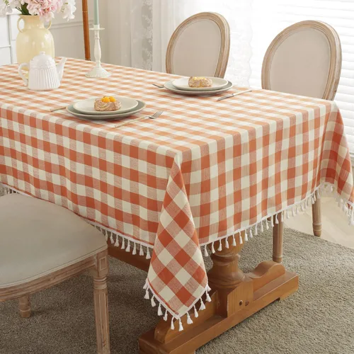 Vista 13 de Laolitou Mantel redondo a cuadros verde, de lino y algodón, con borla, a cuadros de búfalo, lavable, mantel de gingham para sala de estar