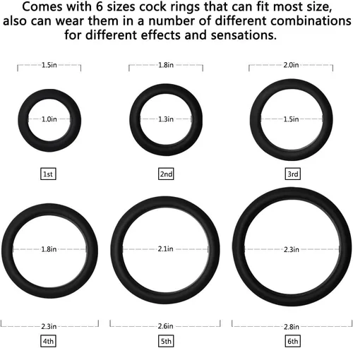 Vista 3 de Cob Anillos de silicona para hombres, paquete variado de 6 tamaños, anillos elásticos para el pene para adultos, juguetes de bienestar sexual