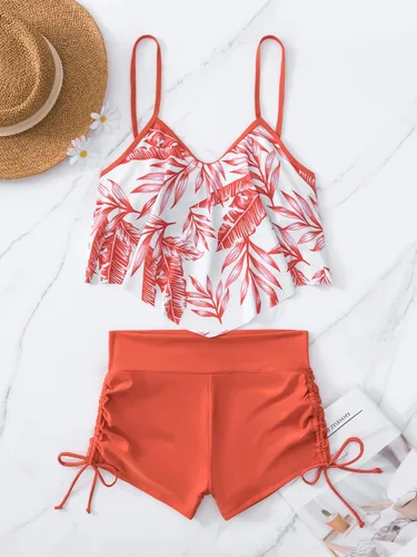 Vista 2 de MakeMeChic Women's Tankini Set Hanky Hem Top Swim Shorts Bikini Set Swimsuit Bathing Suit