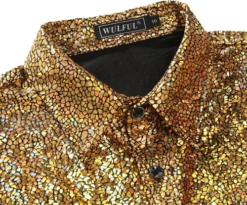 Vista 4 de WULFUL Camisa de discoteca para hombre con lentejuelas de manga corta con botones, camisas de vestir para fiesta de los años 70