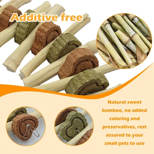 Vista 4 de 4 juguetes masticables de conejo para rechinar dientes, deliciosos juguetes masticables colgantes en jaula de conejo, palitos masticables de bambú