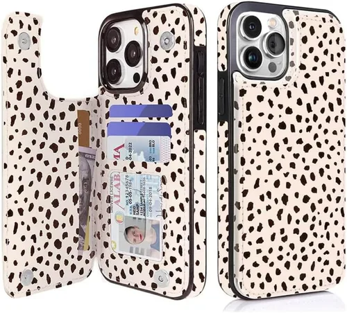 Vista 38 de uCOLOR - Funda tipo cartera para iPhone 15 con tarjetero y diseño de lunares con leche de almendra Bloqueo RFID de piel sintética para mujeres