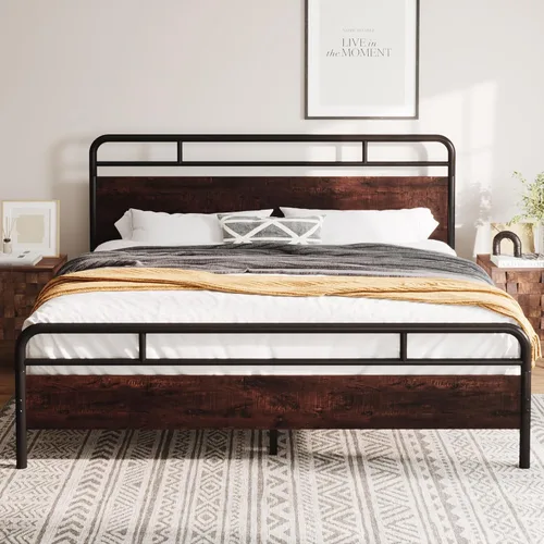 Vista 14 de Allewie Base de cama de plataforma de tamaño completo con cabecera y pie de cama de madera, soporte de 13 listones de metal resistente