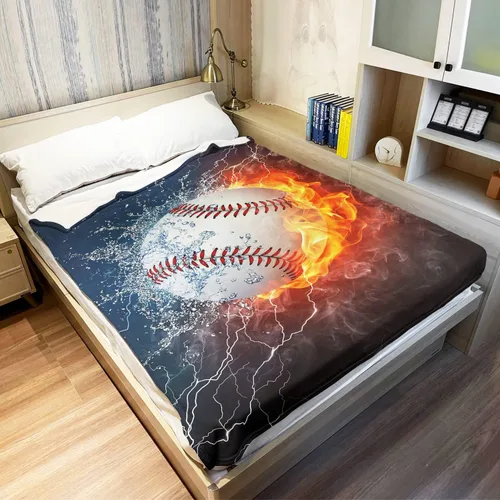Vista 3 de YISUMEI Manta de béisbol impresa en 3D, 60 x 80 pulgadas, bola blanca chocar en agua y fuego, ideal para decoración del hogar con temática deportiva