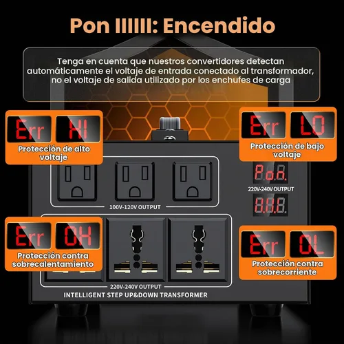 Vista 3 de Transformador Convertidor de Voltaje de 1000W Paso Arriba 110V/120V a 220V/240V o Paso Abajo 220V a 110V Convertidor de Potencia AC, Protección