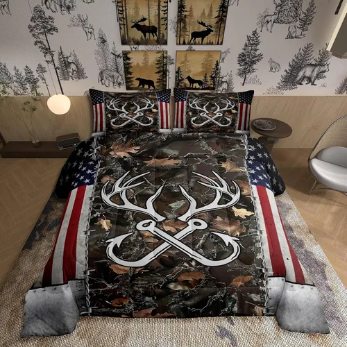 Vista 88 de Juego de ropa de cama Happy Camping de Homewish, tamaño individual, con diseño de osos cazadores y pinos, para niños, hombres, adultos, decoración