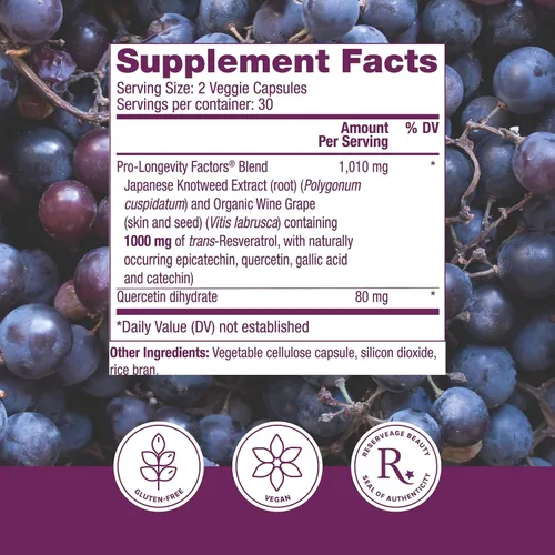 Vista 2 de Reserveage Beauty, Resveratrol 1000 mg, suplemento antioxidante para la salud del corazón y el apoyo inmunológico, apoya el envejecimiento saludable
