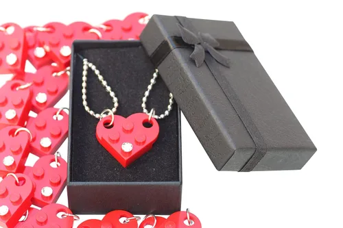 Vista 3 de Brick Heart Lego Necklace with Swarovski Crystal, 2 Bricks and 2 Silver Ball Beads Necklaces with Stylish Black Box - Friendship & Romantic Present