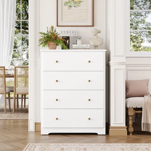 Vista 5 de HOUSUIT Cómoda blanca, cómoda de 4 cajones, cómoda alta moderna, armario de almacenamiento de madera para sala de estar, pasillo, entrada, oficina