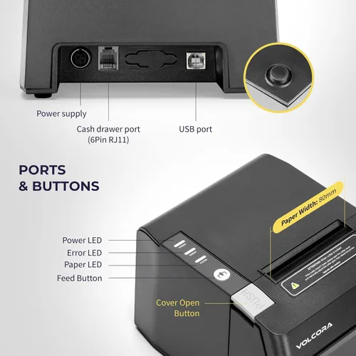 Vista 4 de Volcora Impresora térmica de recibos, impresora POS de 3.150 in con cortador automático, interfaz USB/Bluetooth para Windows/MAC/Linux, cajón