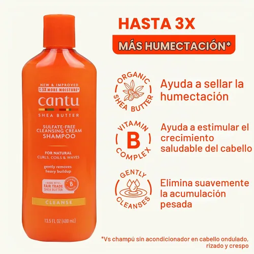 Vista 3 de Cantu Champú en crema limpiadora sin sulfato con manteca de karité para cabello natural, 13.5 oz