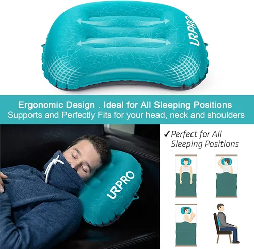 Vista 3 de Almohada inflable ultraligera de viaje para campamento, compresible, compacta, cómoda, ergonómica, para cuello y campamento de apoyo lumbar, Verde