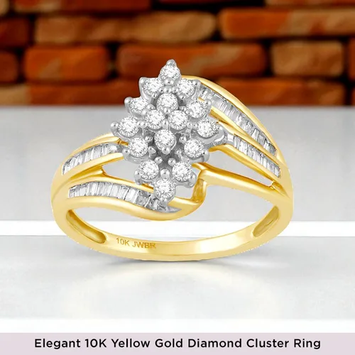 Vista 2 de Anillo de oro amarillo de 10 quilates de Jewelili con diamantes blancos naturales redondos y de corte baguette de 12 CTW para mujeres Joyería fina