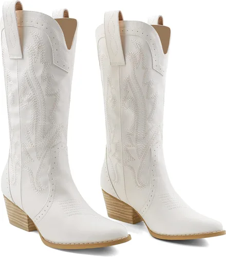 Vista 3 de MERUMOTE Botas de tobillo cortas de vaquero occidental para mujer, zapatos bordados, botas de invierno