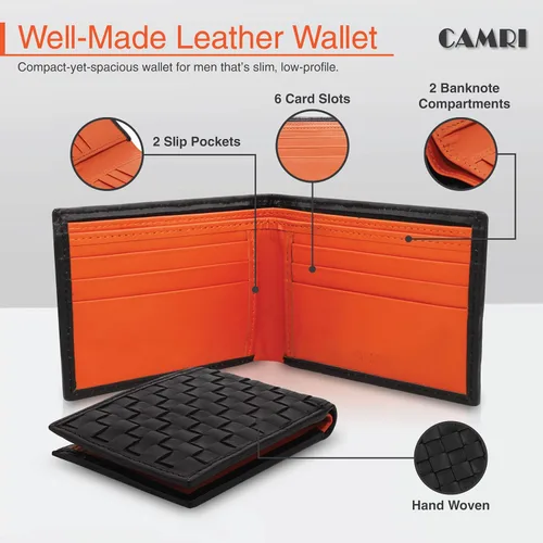 Vista 6 de CAMRI Cartera de cuero tejida a mano para hombre, tarjetero de crédito, carteras de bloqueo RFID para hombres del Reino Unido, peso ligero, delgado