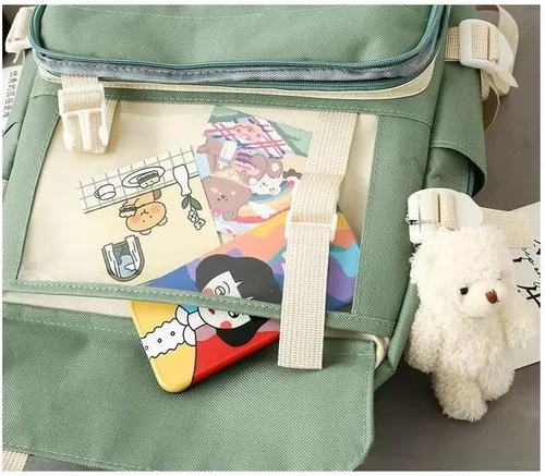 Vista 4 de MOJIDUO Juego de 4 mochilas Kawaii con bonitos colgantes e insignias de felpa, mochila escolar de alta capacidad, bonita mochila estética, Azul