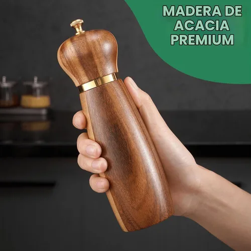 Vista 2 de Juego de molinillo de sal y pimienta de madera de acacia con base, molinillo de pimienta manual de 8 pulgadas con grosor ajustable, juego de 2