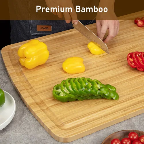 Vista 4 de Tabla de cortar de bambú, tabla de cortar extra grande de 30 x 20, tablas de cortar de madera para cocina, con ranura para jugo, tabla de cortar
