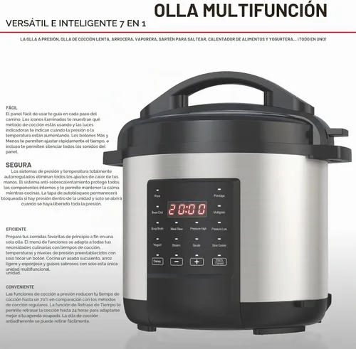 Vista 5 de EMB Ironblade - Olla a presión programable 7 en 1, 6 litros, acero inoxidable de 1000 W, olla de cocción lenta, arrocera, vaporera, sartén